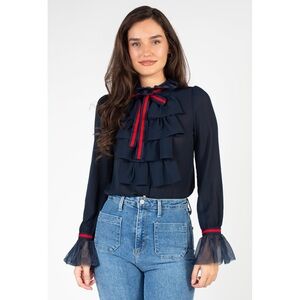 Elegant Navy Ruffle Blouse